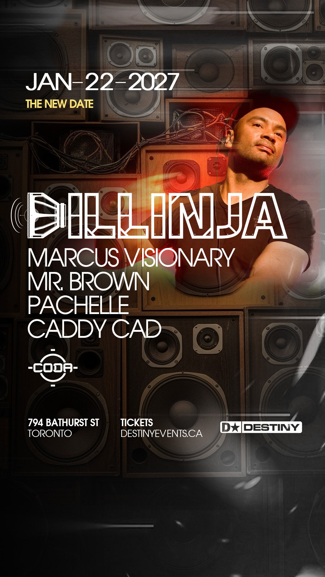 Dillinja live at CODA Toronto on January 22nd, 2027. One of drum & bass's most legendary artists returns, presented by Destiny Events.