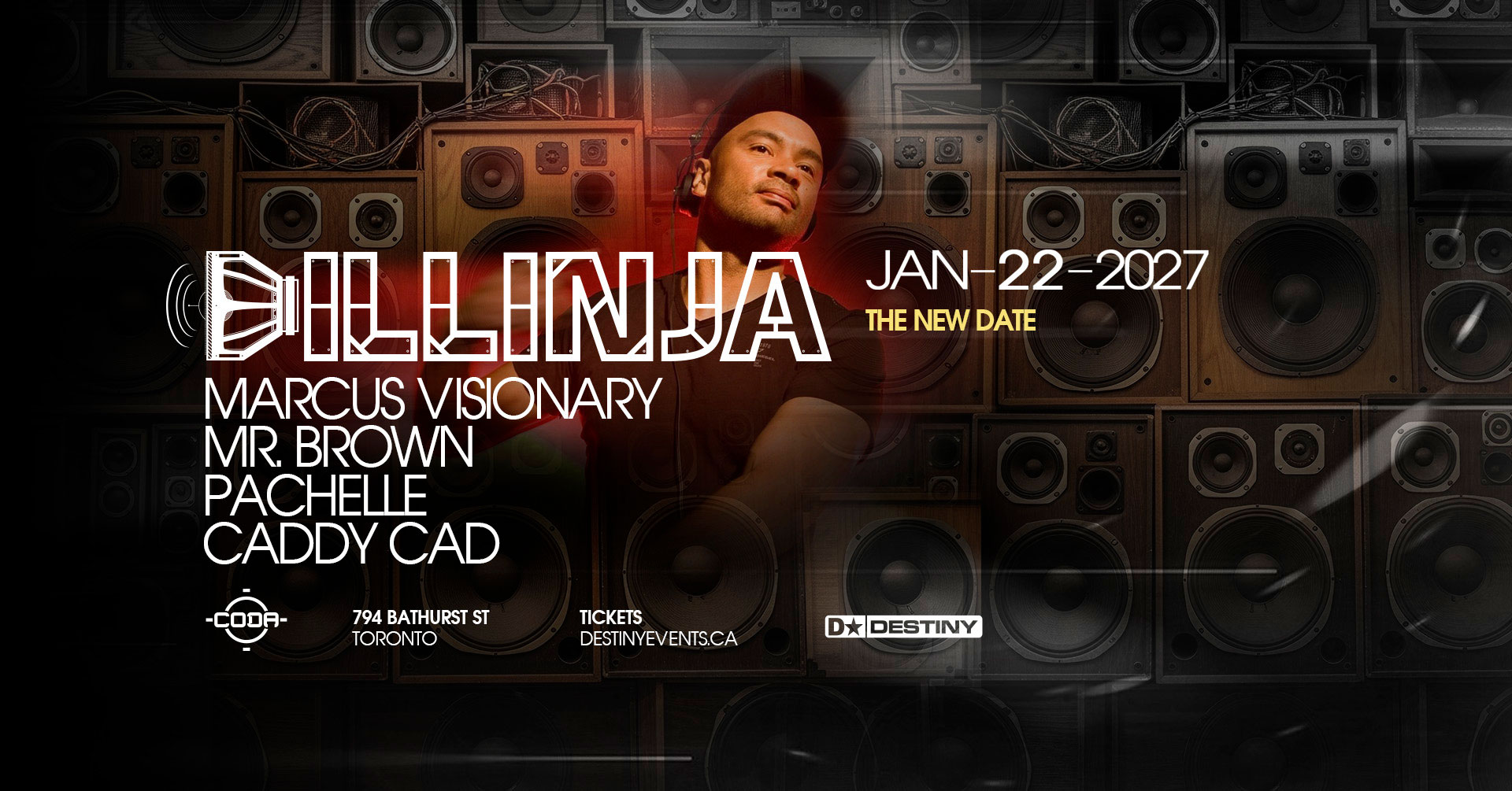 Dillinja live at CODA Toronto on January 22nd, 2027. One of drum & bass's most legendary artists returns, presented by Destiny Events.